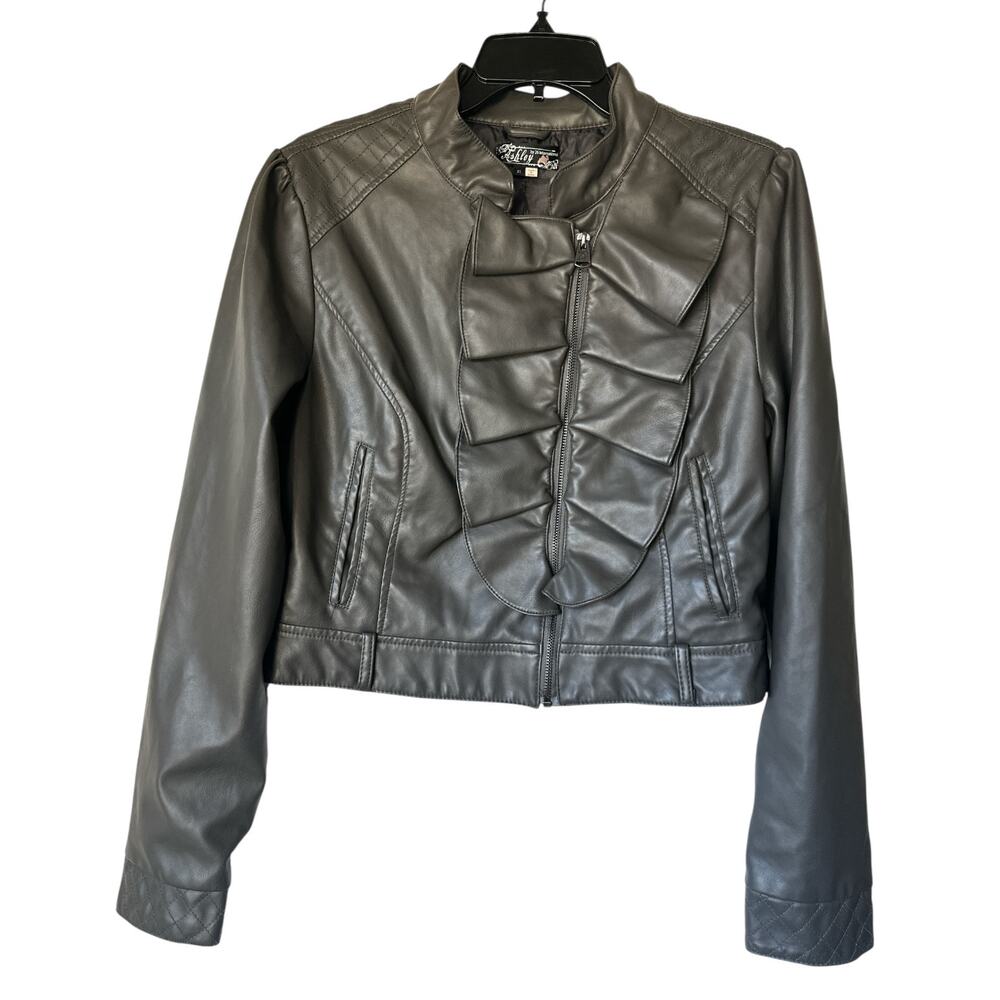 Ashley by 26 International Gray Faux Leather Ruffled Moto Biker Jacket Womens XL